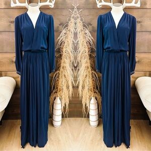 Roksanda navy v neck silk long sleeve gown